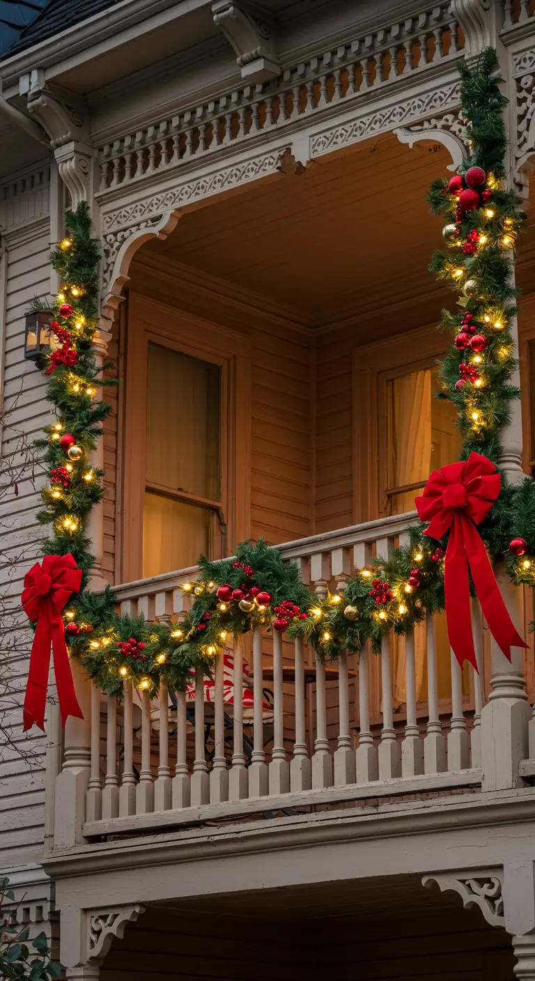 Porche de estilo victoriano con guirnaldas frondosas, adornos rojos y dorados y grandes lazos.