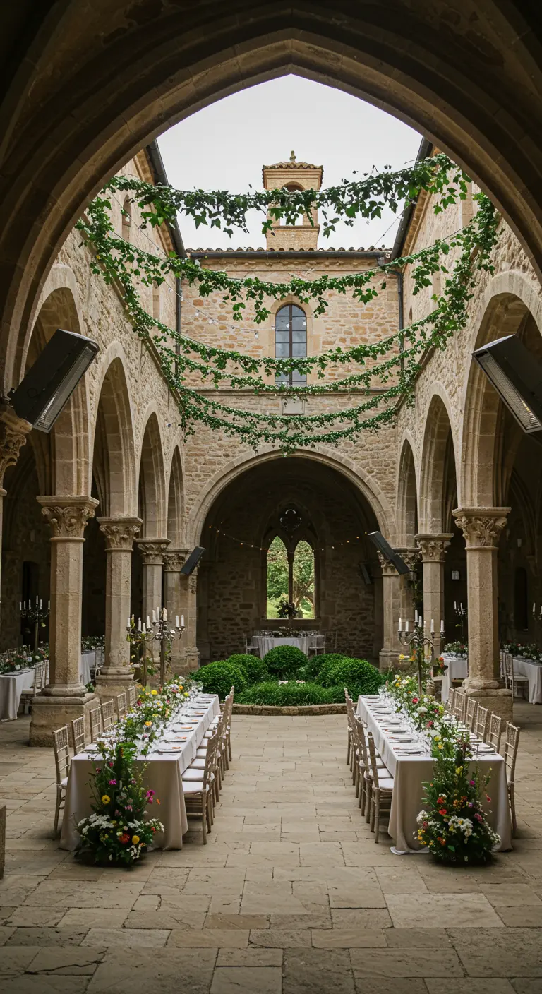 Recepción de boda en un claustro de piedra con mesas largas y guirnaldas de hiedra.