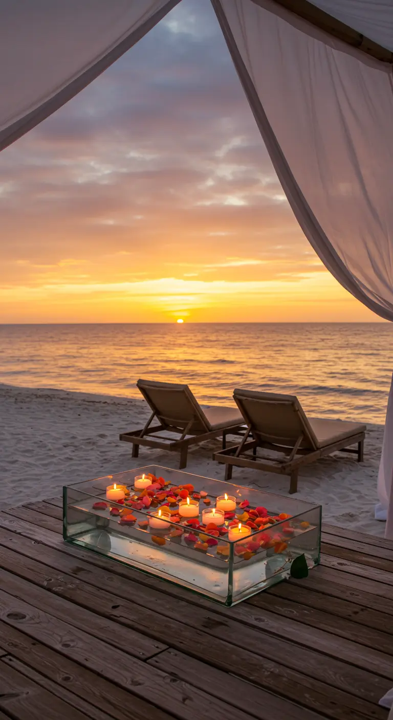 Caja de cristal con agua, pétalos de colores y velas flotantes en una terraza de madera en la playa.