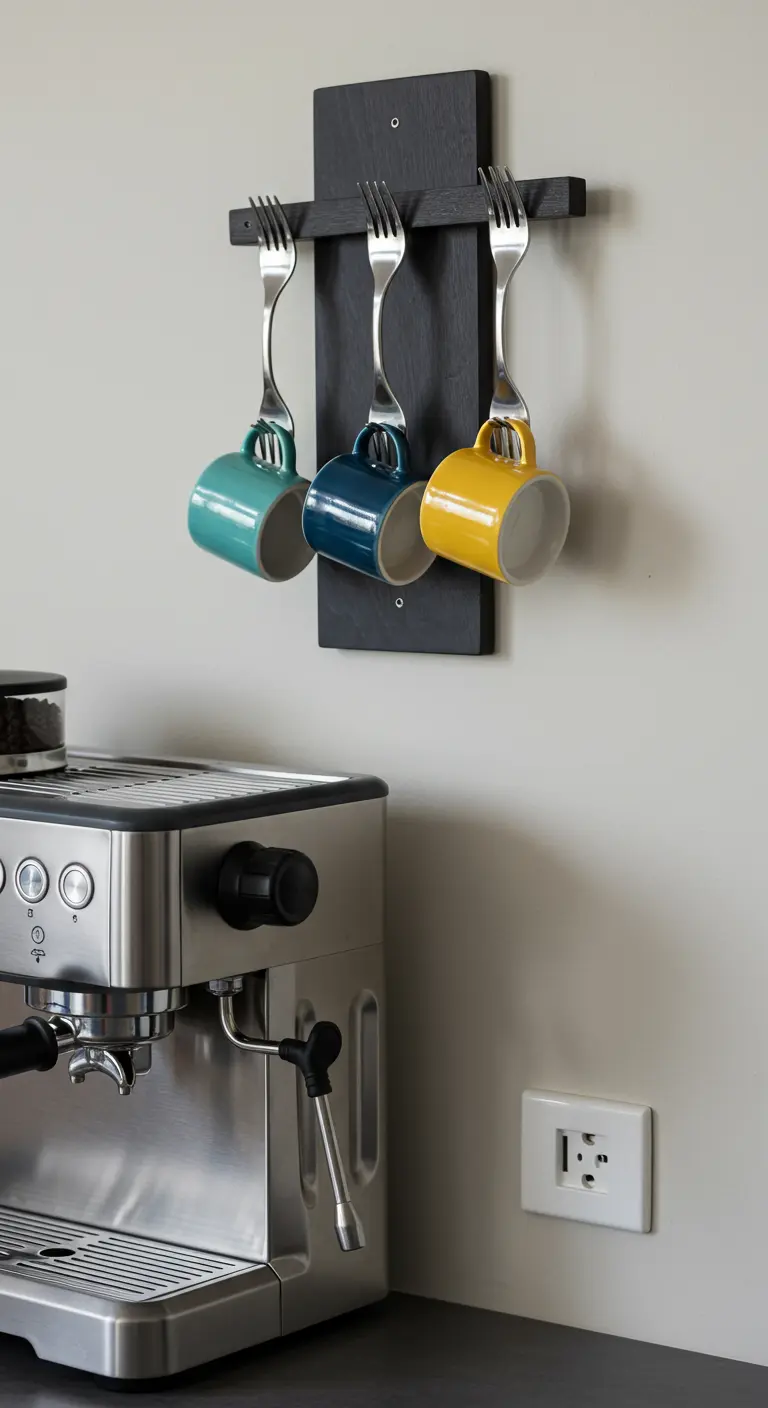 Tenedores de plata doblados para colgar tazas de café de colores, montados sobre una base negra.