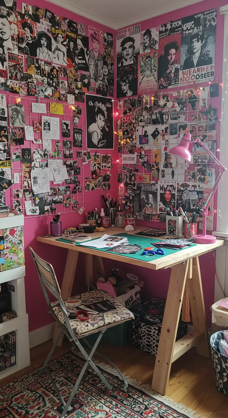 Rincón de manualidades con paredes rosas cubiertas de un collage de fotos y pósteres.
