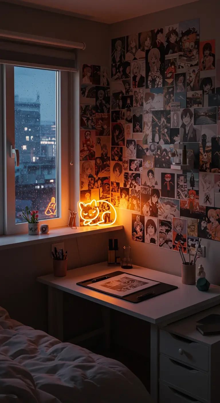 Escritorio junto a una ventana con un neón de gato y una pared cubierta de ilustraciones.