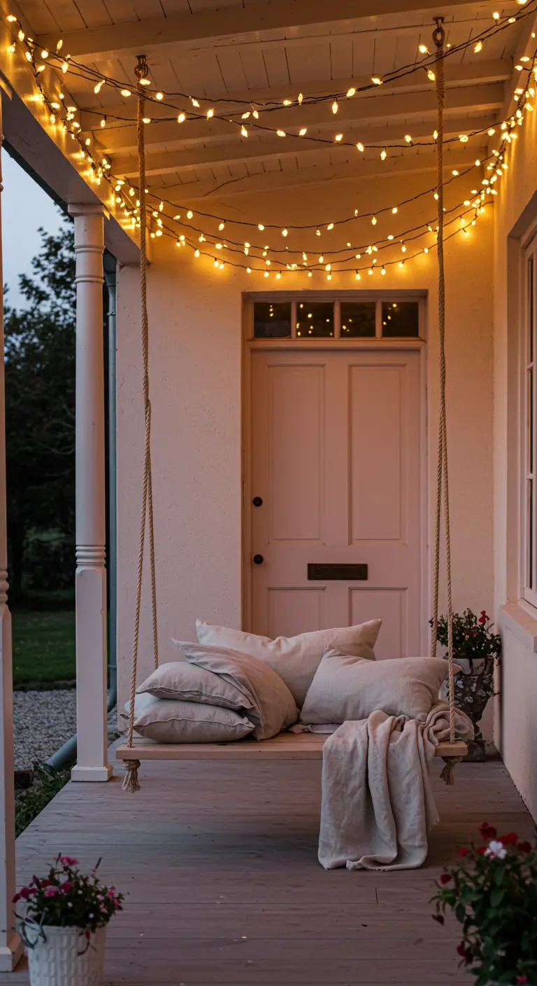 Porche con un columpio de madera colgante, cojines y un techo cubierto de luces cálidas