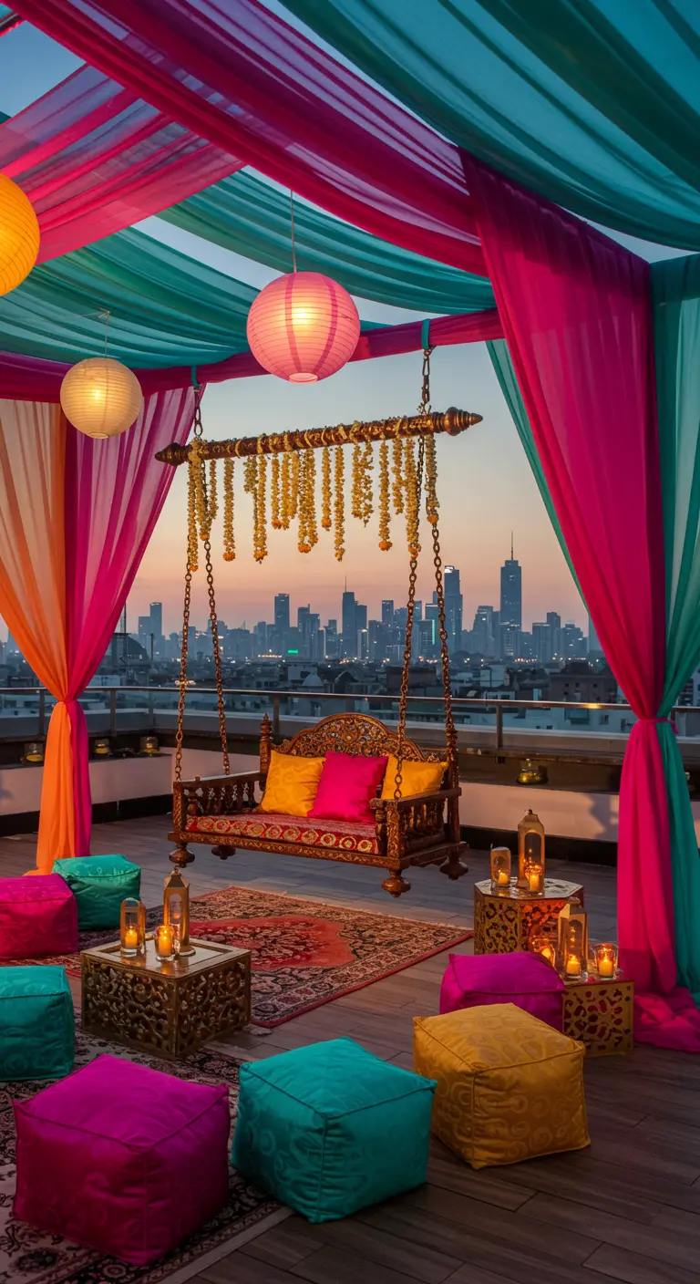 Columpio decorado en una azotea con telas de colores y cojines frente a un atardecer urbano.