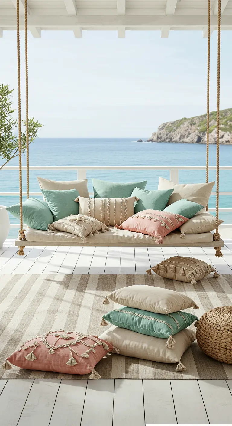 Porche con vistas al mar, un sofá cama colgante y cojines en tonos pastel rosa y menta.