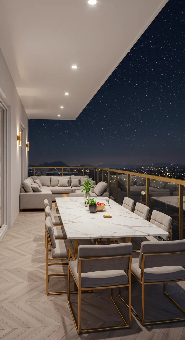 Amplio balcón con una gran mesa de comedor de mármol y sillas con estructura dorada de noche.