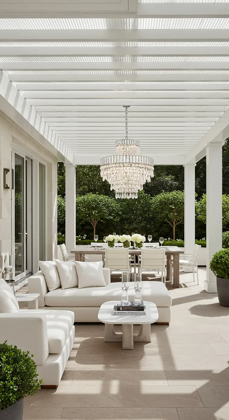 Patio con pérgola blanca, sofás modulares y zona de comedor, con una lámpara de araña de cristal