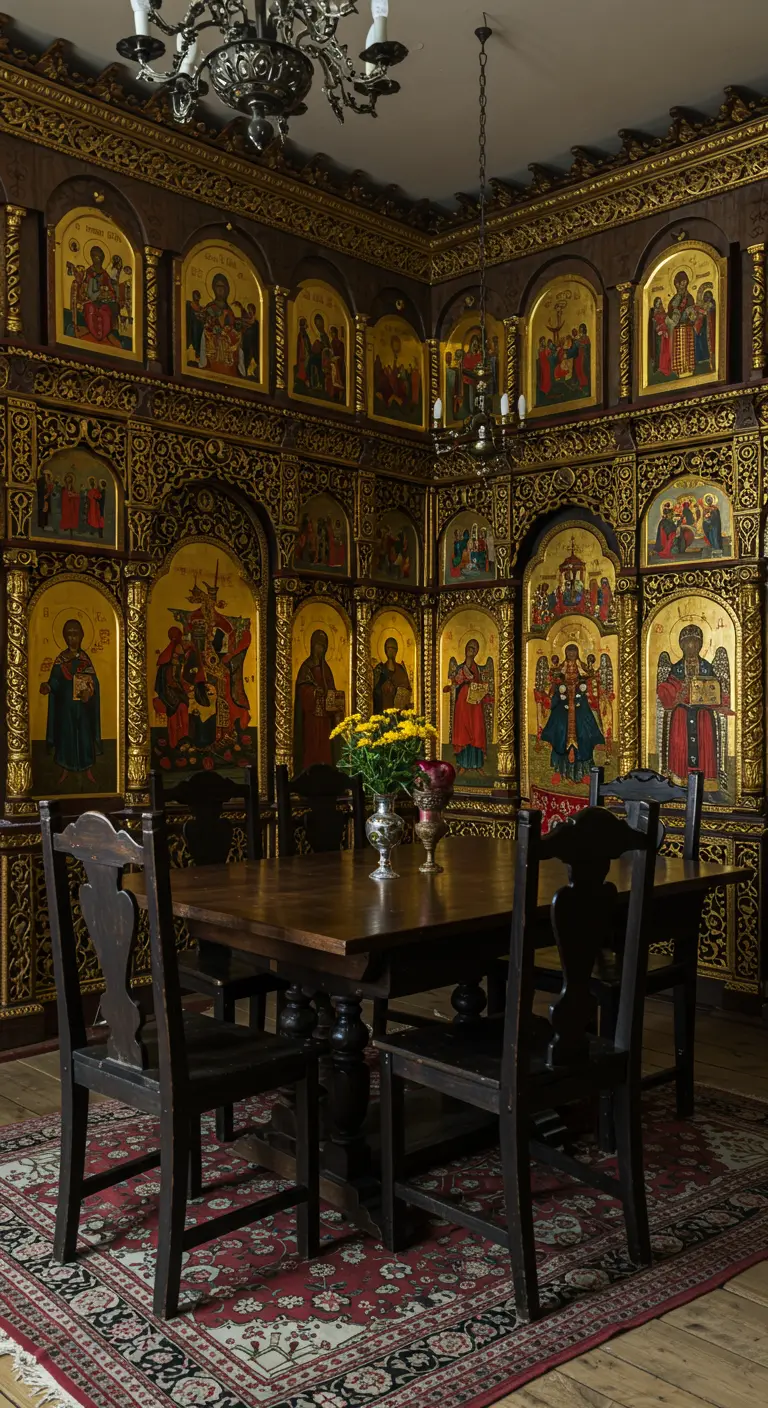 Comedor con una pared completamente cubierta de iconos religiosos en marcos dorados.