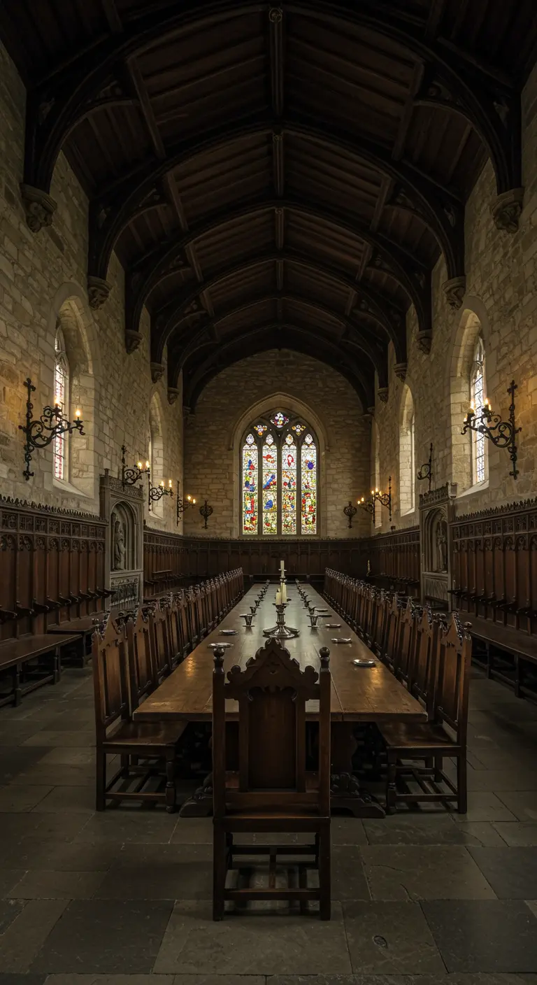 Impresionante comedor de estilo gótico en un castillo con techo abovedado de piedra y madera