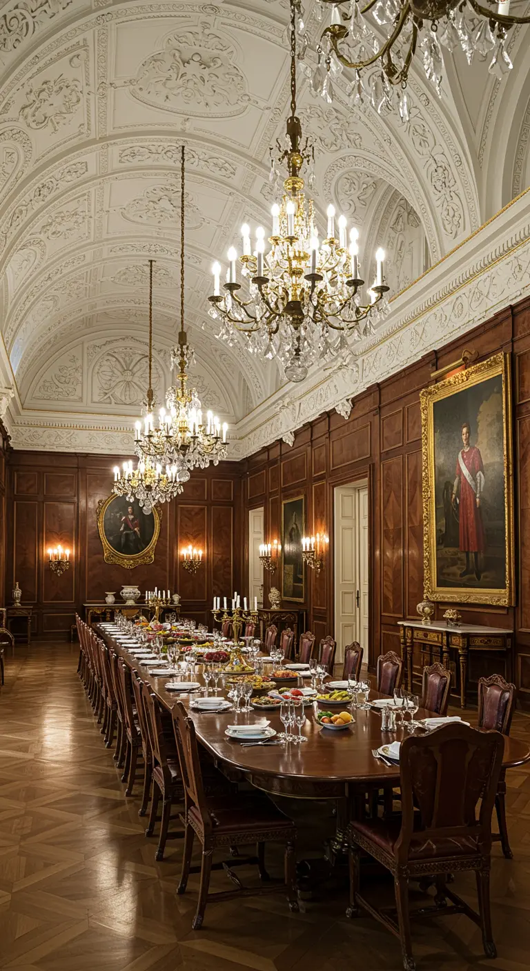 Gran salón comedor con paredes de madera, techos altos y múltiples candelabros de cristal.