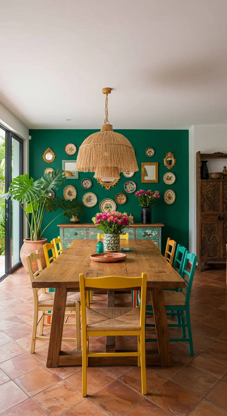 Comedor vibrante con pared verde, mesa de madera, sillas de colores y platos de cerámica en la pared.