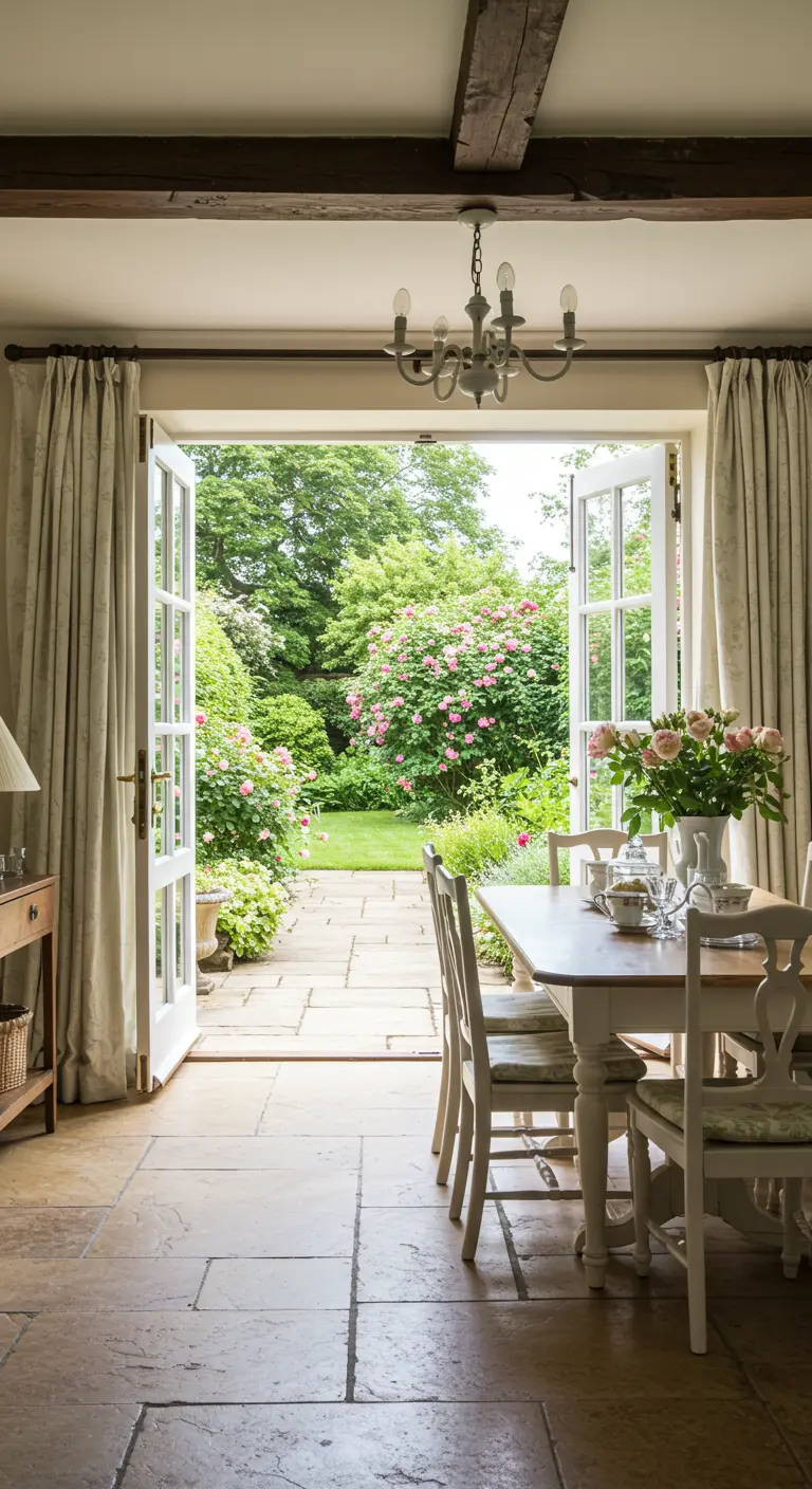 Comedor que se abre a un exuberante jardín a través de unas puertas francesas de cristal.