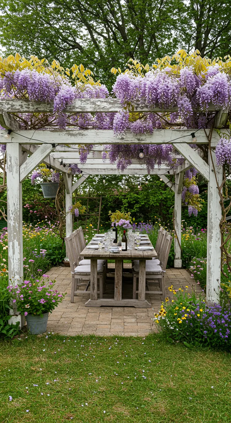 Una mesa de comedor de madera rústica bajo una pérgola blanca cubierta de flores de glicina moradas.
