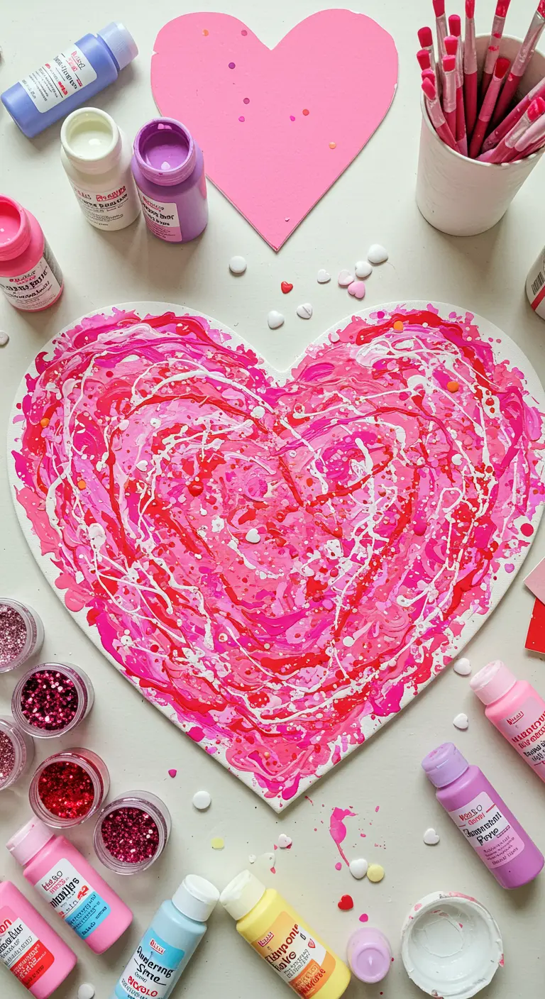 Lienzo en forma de corazón decorado con pintura rosa, roja y purpurina, rodeado de materiales de arte.