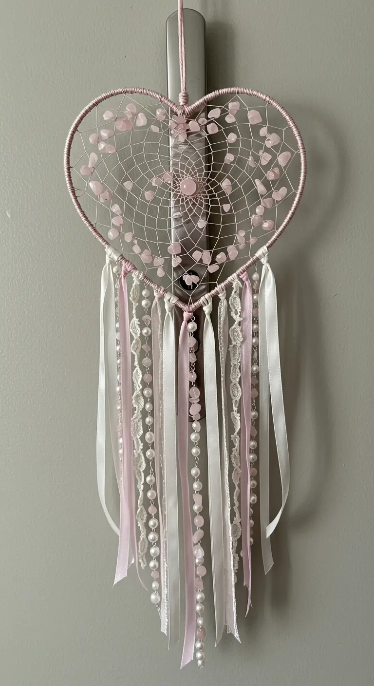 Atrapasueños romántico en forma de corazón con cuarzo rosa, perlas y cintas de colores pastel.