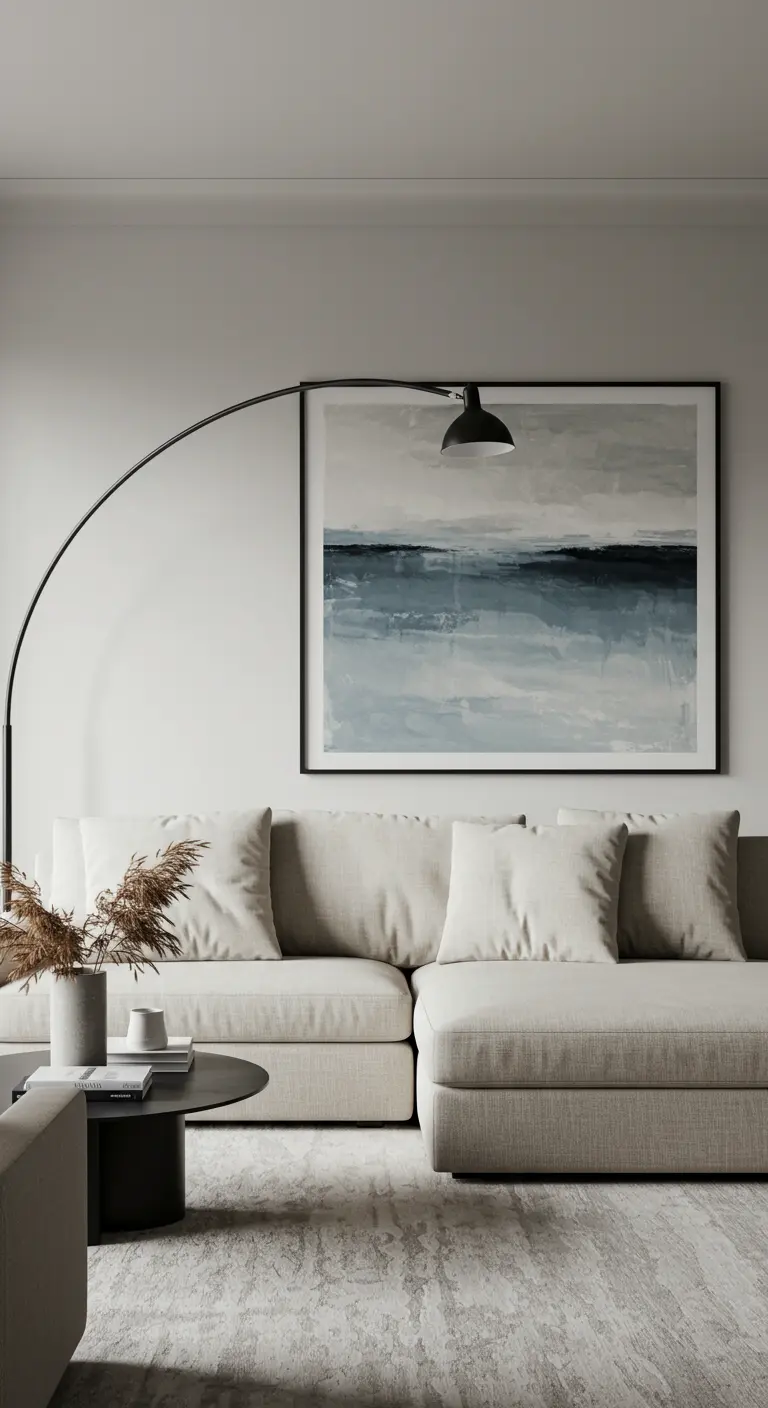 Sofá modular beige frente a un gran cuadro abstracto con una lámpara de arco negra