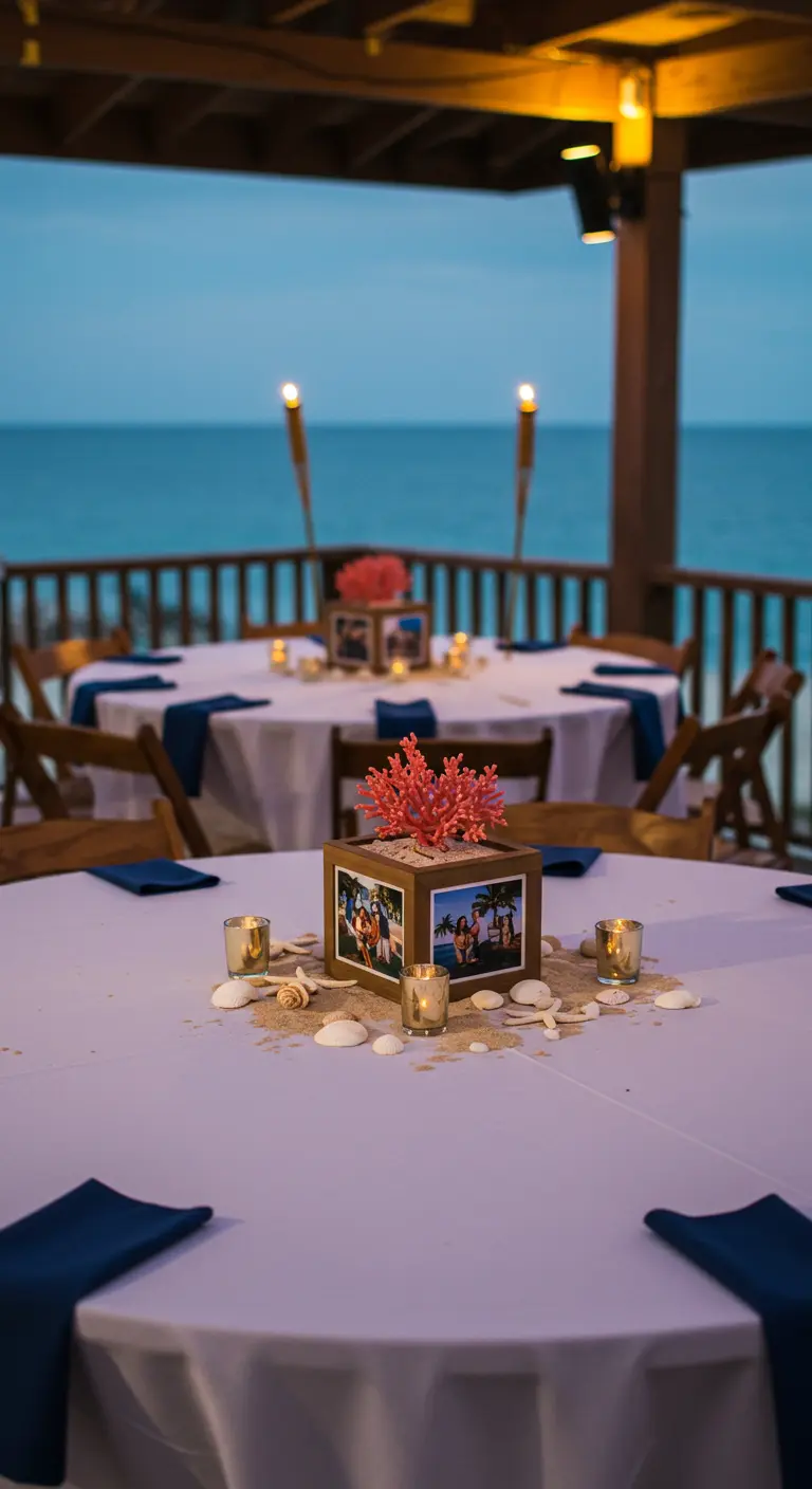 Centro de mesa playero con un cubo de fotos, coral, arena y conchas.