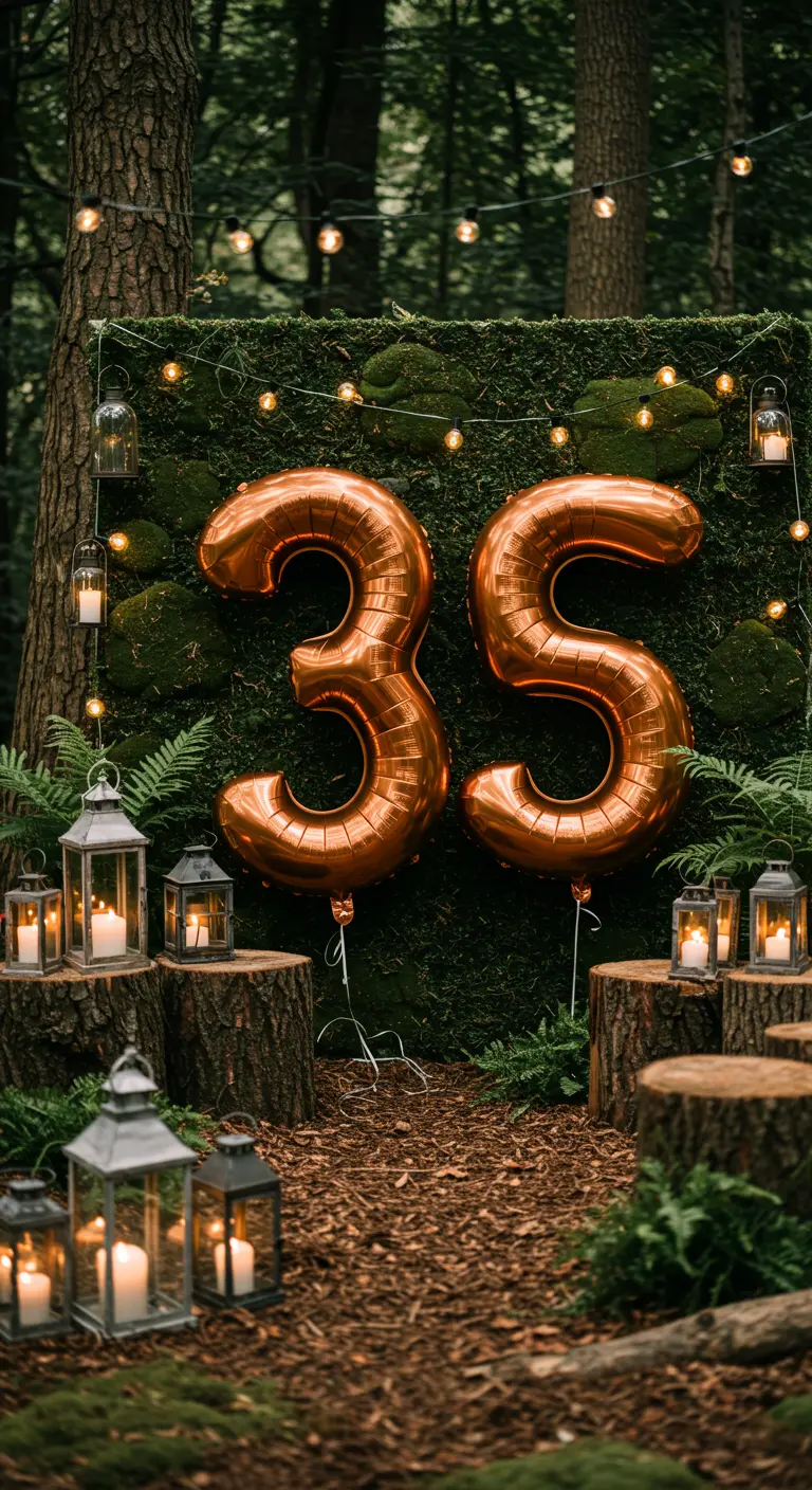Globos de cobre del número 35 en un bosque frente a un muro de musgo con farolillos.