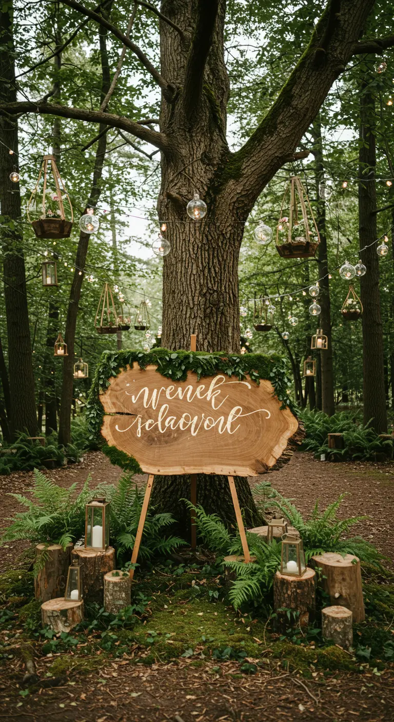 Cartel de bienvenida sobre una rodaja de madera en un bosque mágico con luces.