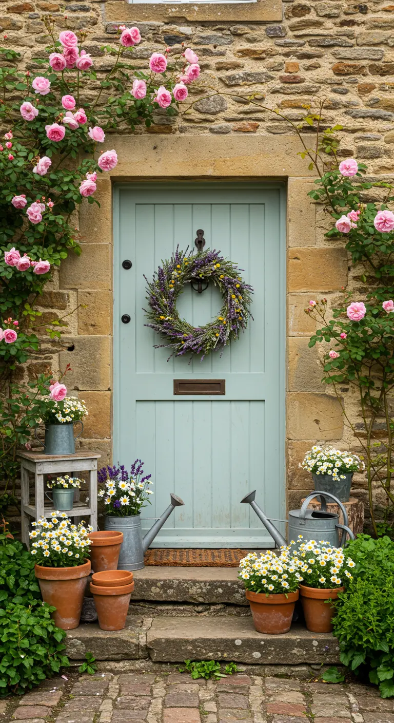 Puerta verde pastel en una casa de piedra, con rosales trepadores y macetas de flores silvestres
