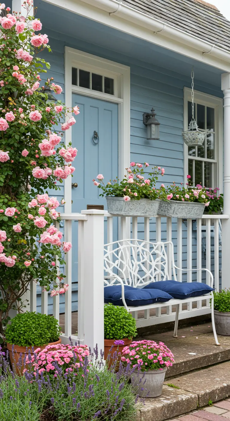 Porche de una casa azul con un rosal trepador rosa, banco blanco y macetas con flores.