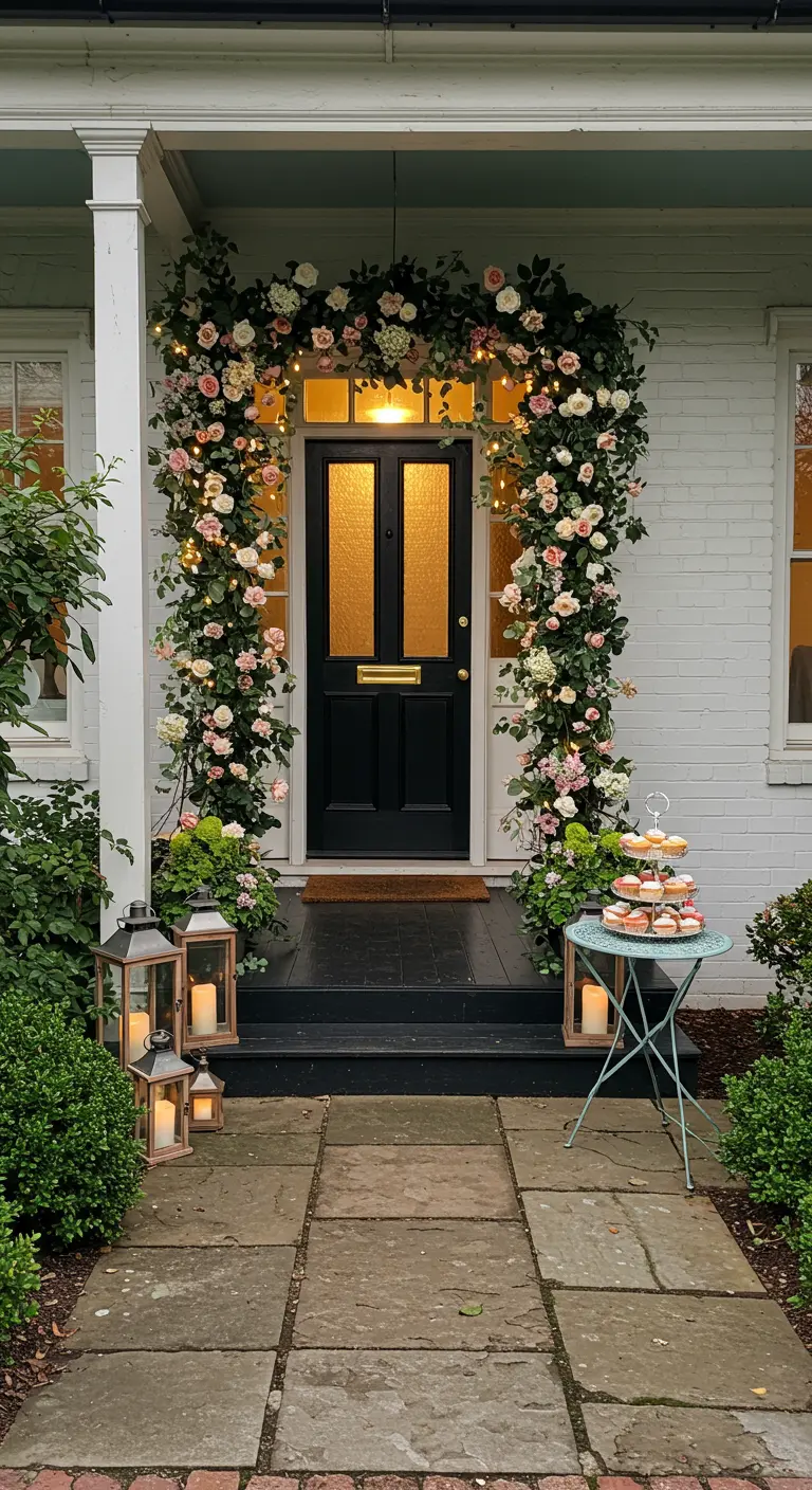 Entrada de porche decorada con un exuberante arco de rosas y luces cálidas para un cumpleaños.