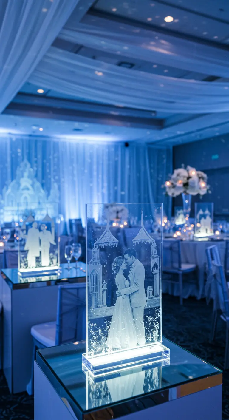Escultura de cristal con grabado láser de una pareja y un castillo, iluminada con luz azul.