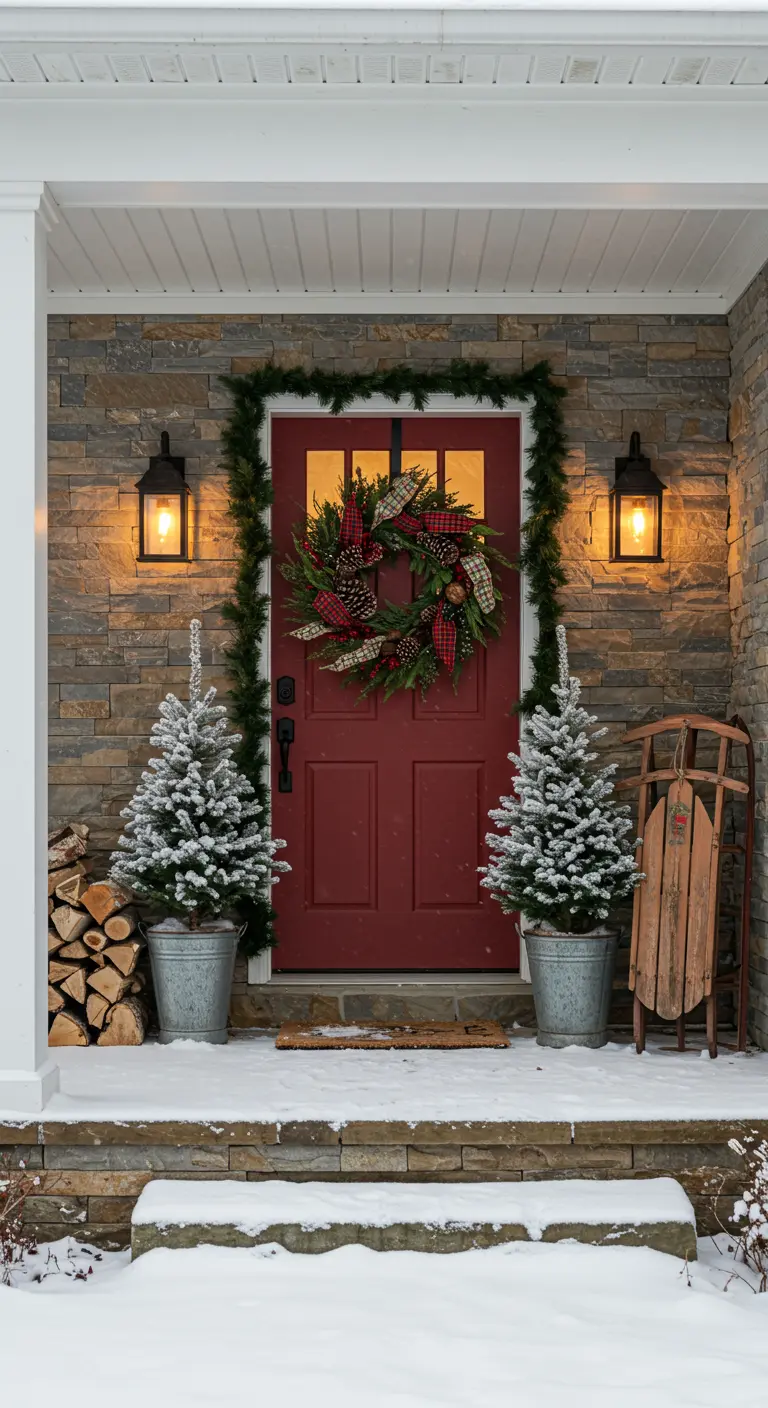 Porche nevado con decoración navideña, incluyendo árboles pequeños, un trineo y una corona.