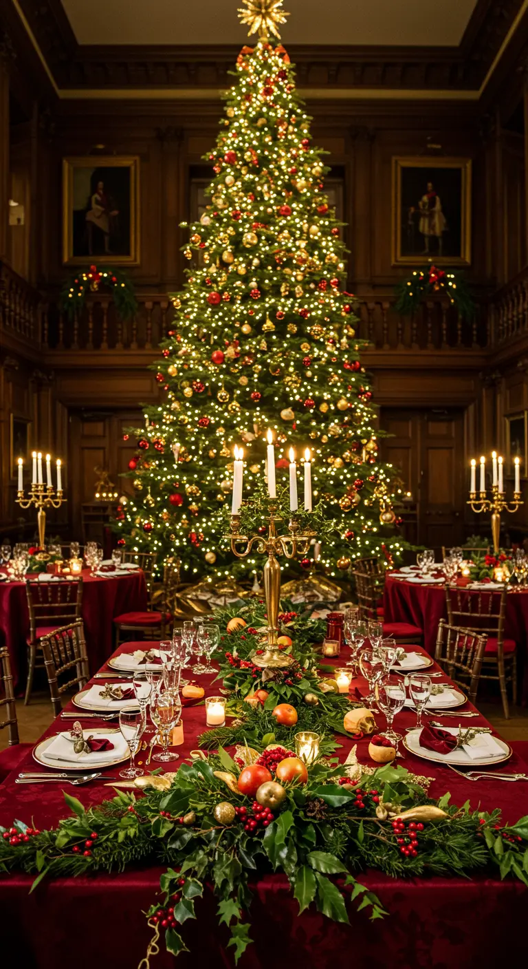 Salón de baile con un gran árbol de Navidad y mesas de boda decoradas en rojo.
