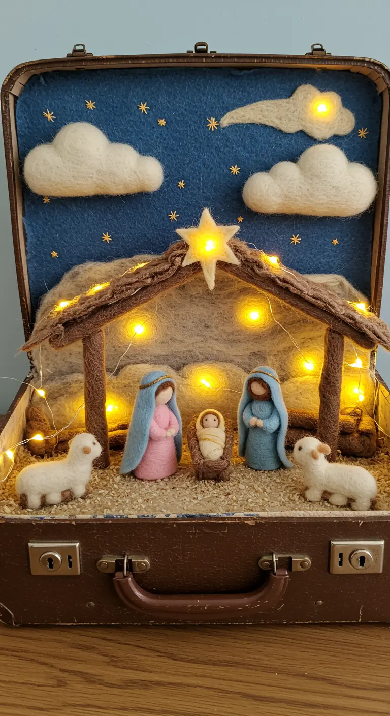Belen de fieltro dentro de una maleta vintage con nubes y estrellas iluminadas.