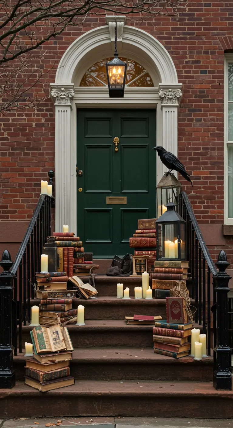 Escalera de entrada decorada con pilas de libros antiguos, velas y un cuervo negro de utilería.