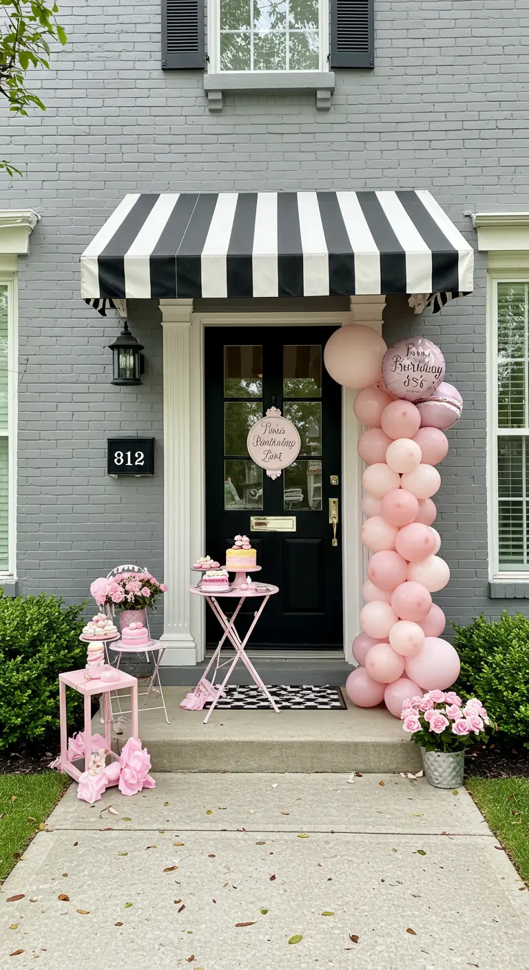 Porche con toldo a rayas y decoración parisina en tonos rosas para un cumpleaños elegante.