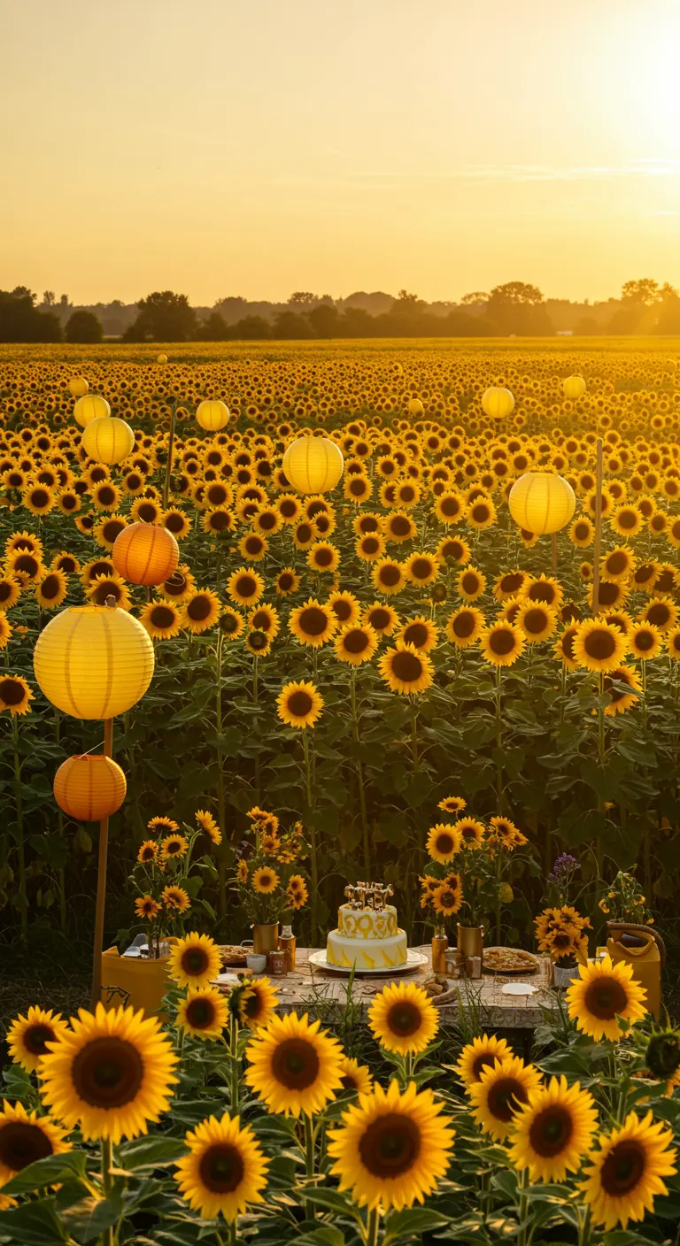 Mesa de cumpleaños en un campo de girasoles con lámparas de papel amarillas y naranjas.