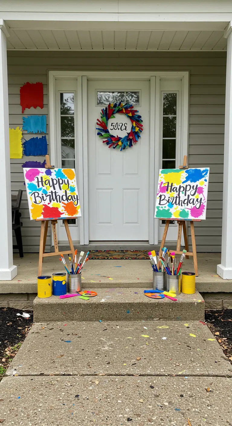 Decoración de cumpleaños con temática de arte, con caballetes, lienzos y botes de pintura.