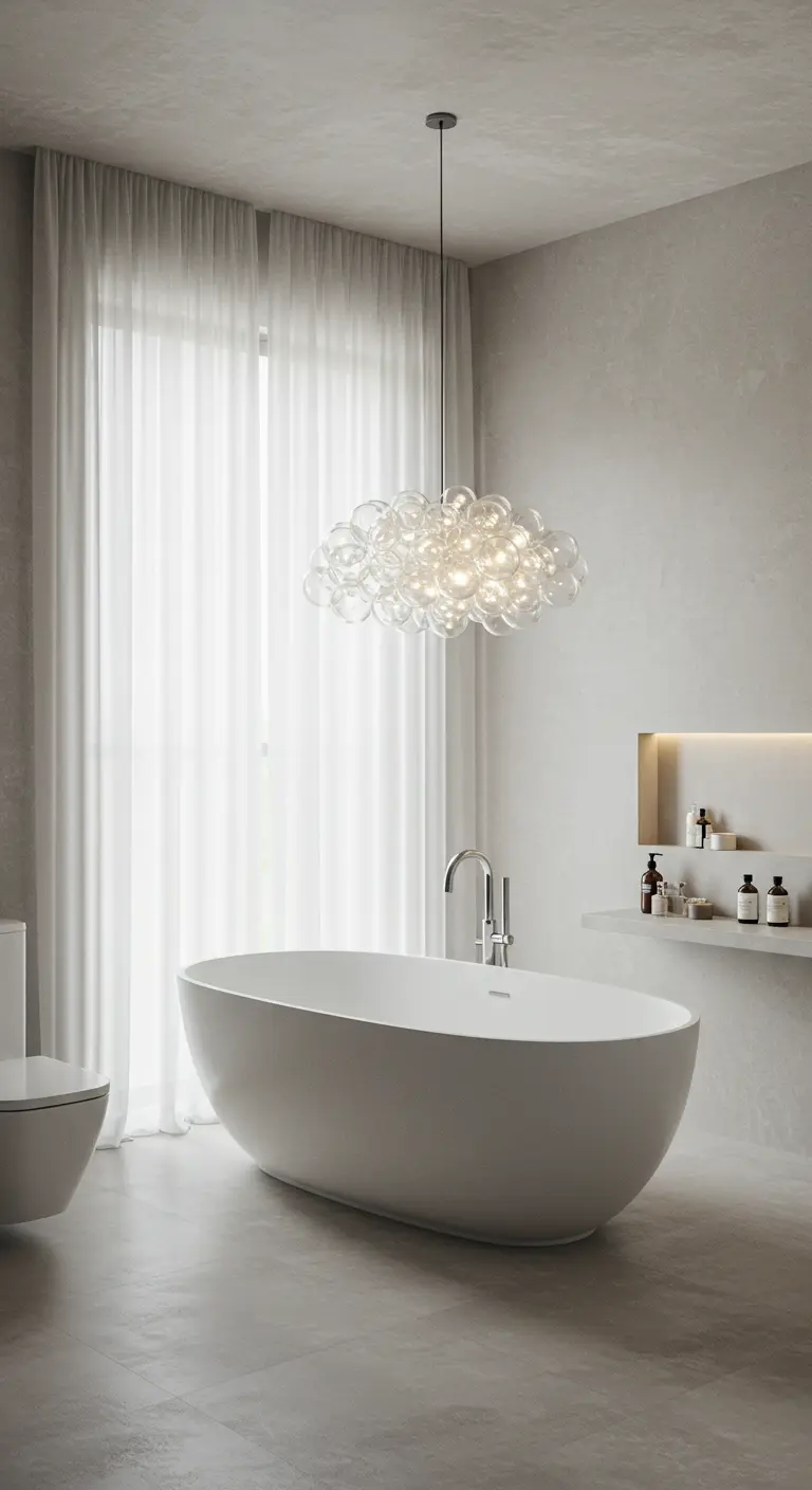 Baño minimalista con una lámpara de burbujas de cristal sobre la bañera