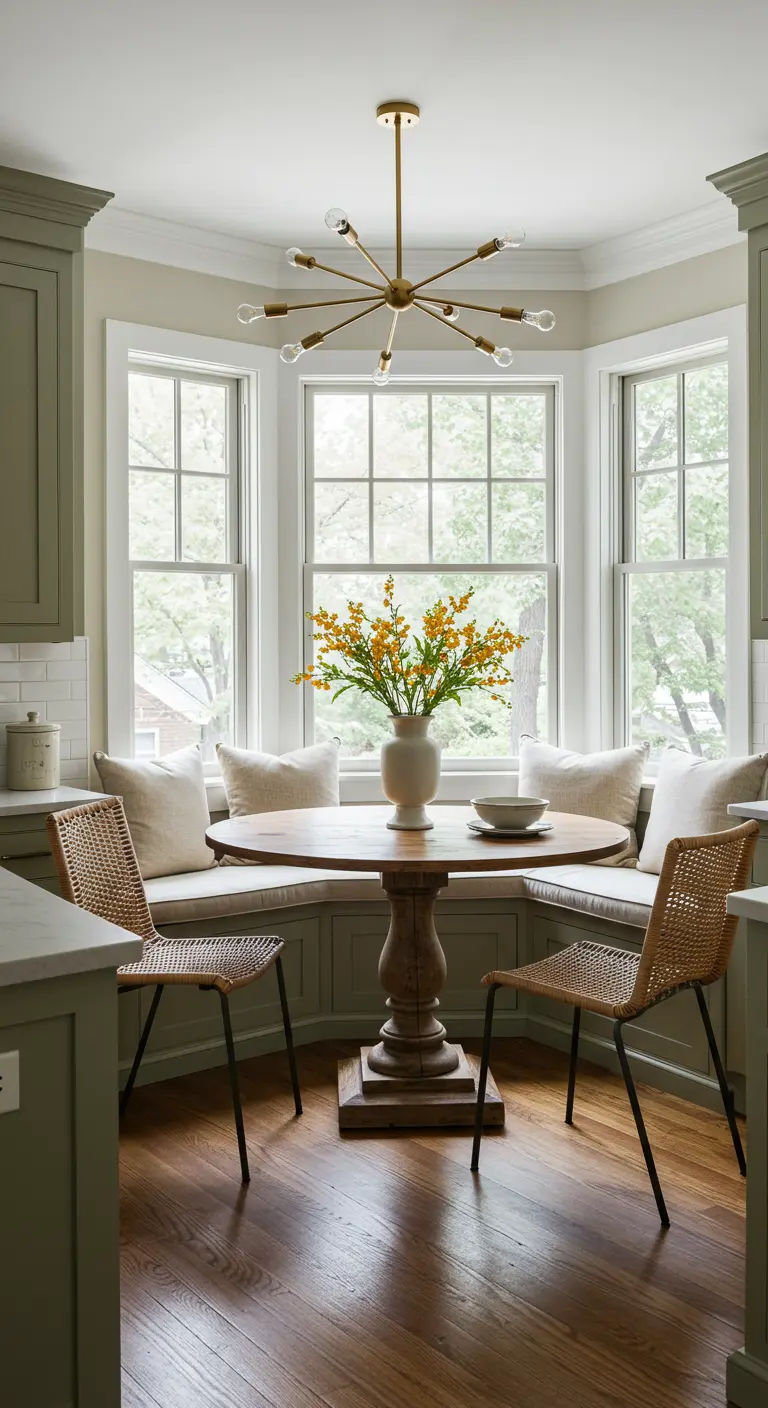 Rincón de desayuno en una ventana salediza con gabinetes verdes y lámpara sputnik.