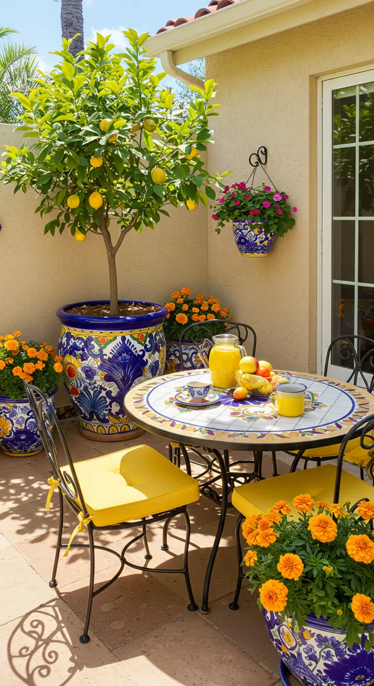 Rincón de desayuno en un patio con mesa de mosaico, sillas amarillas y un limonero en maceta de talavera.