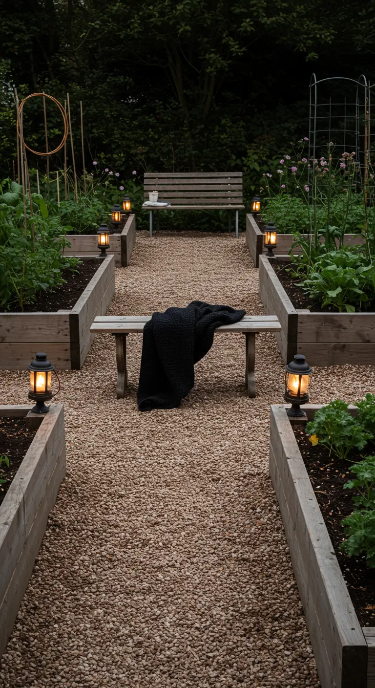 Huerto con bancales de madera elevados, un camino de grava y pequeños faroles en las esquinas.