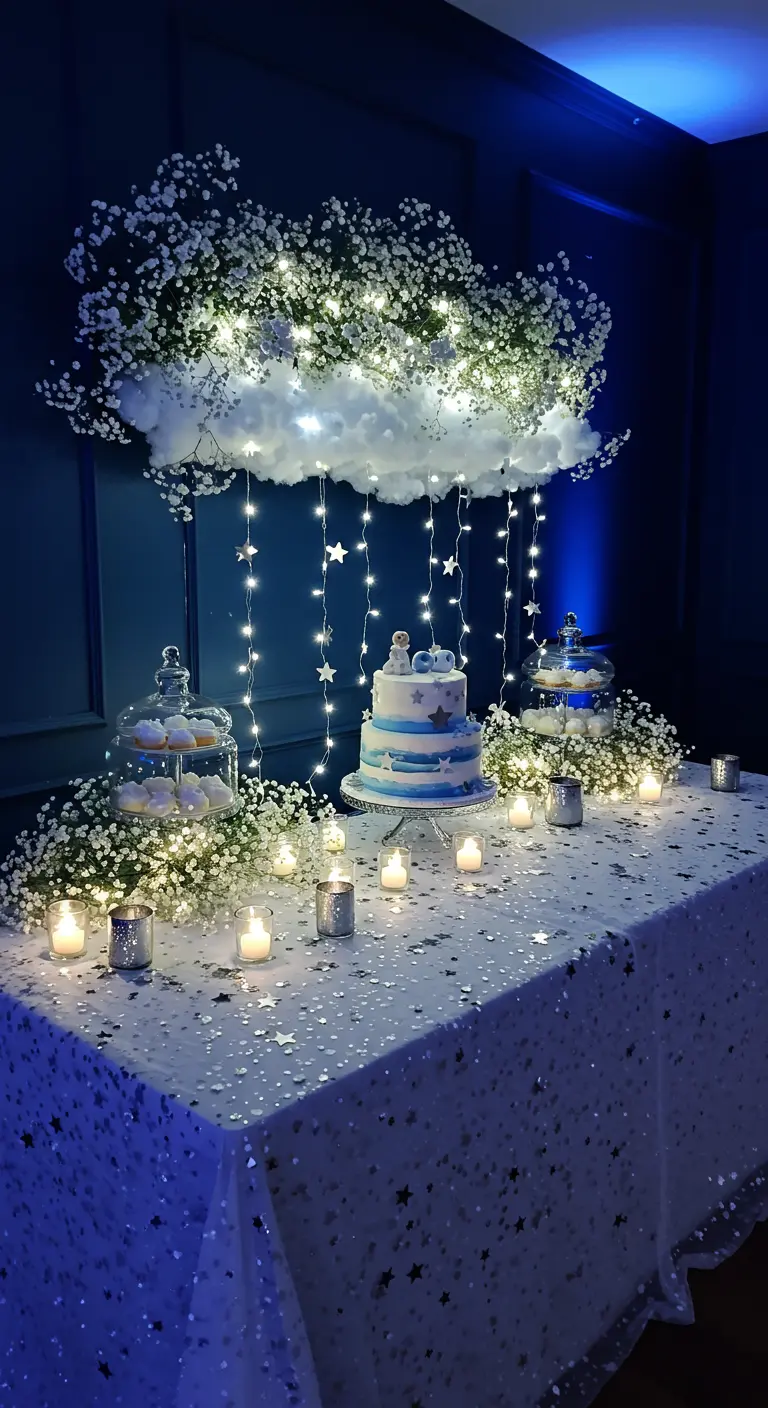 Mesa de dulces de bautizo con tema de cielo nocturno, nube de flores y luces.
