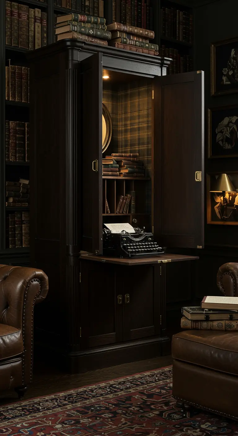 Armario oscuro de estilo 'Dark Academia' con interior de tartán y una máquina de escribir.