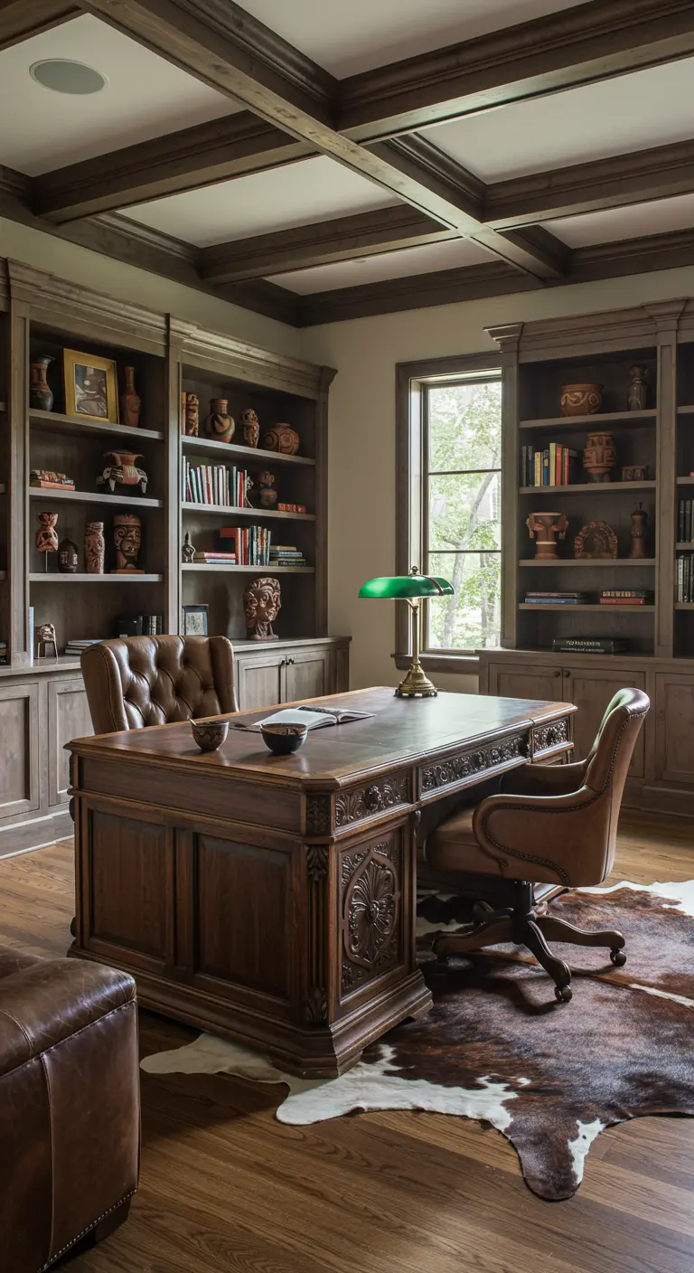 Despacho clásico con muebles de madera oscura, sillón de cuero y estanterías con cerámica precolombina.