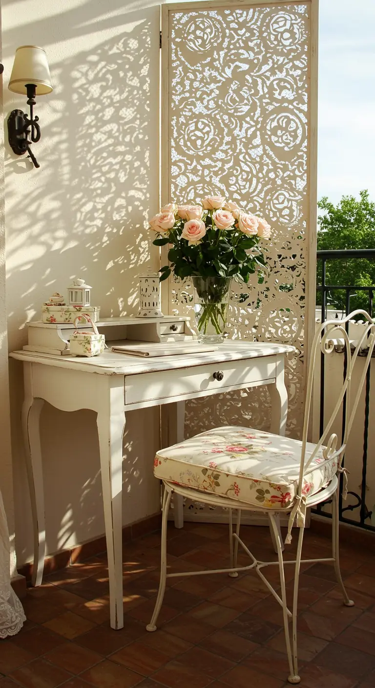 Escritorio blanco de estilo vintage en un balcón, con silla de forja y un ramo de rosas