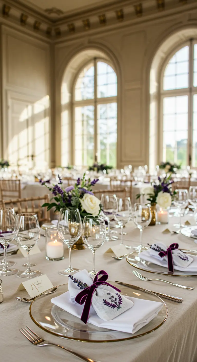 Plato de boda elegante con una bolsita de lavanda bordada y atada con un lazo de terciopelo.