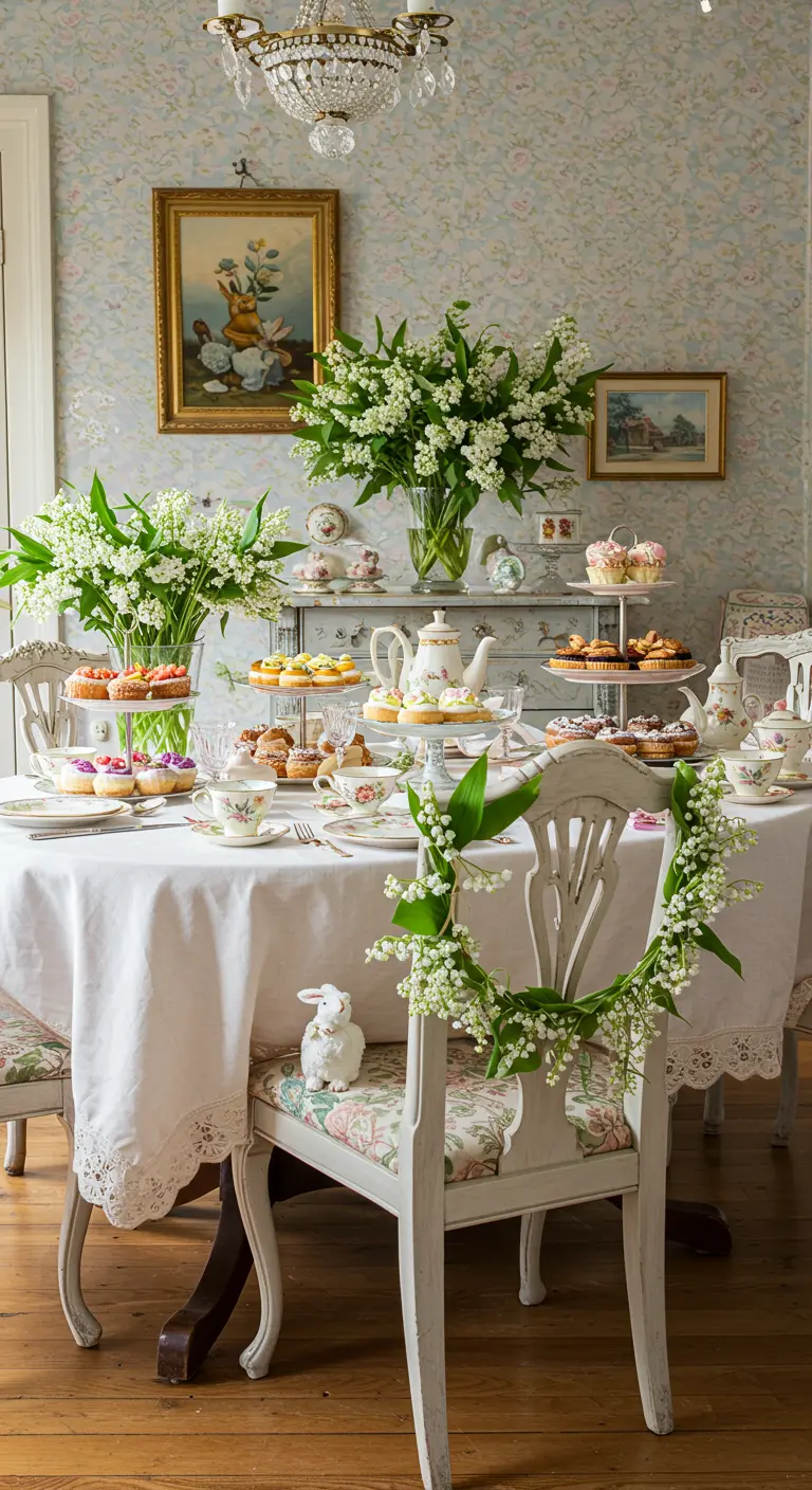 Silla de comedor vintage decorada con una guirnalda de muguetes para una fiesta de té.