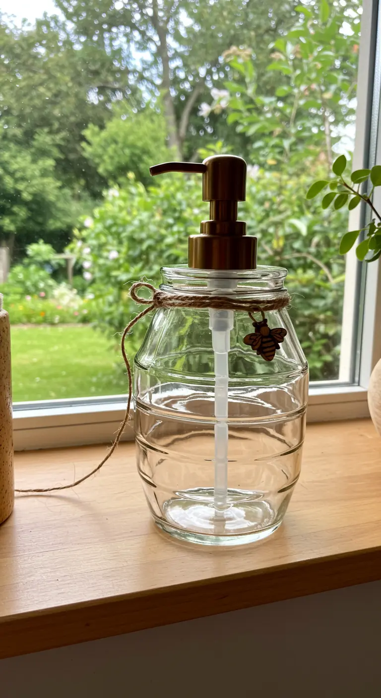 Dispensador de jabón en un frasco de vidrio con forma de barril y un colgante de abeja.