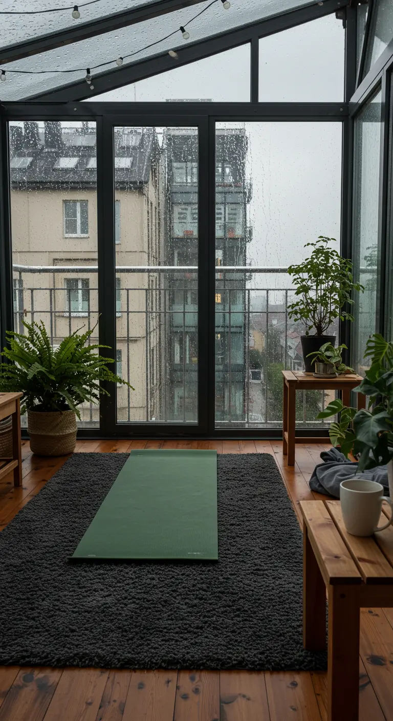 Balcón acristalado en un día de lluvia, con una alfombra oscura y plantas de interior.