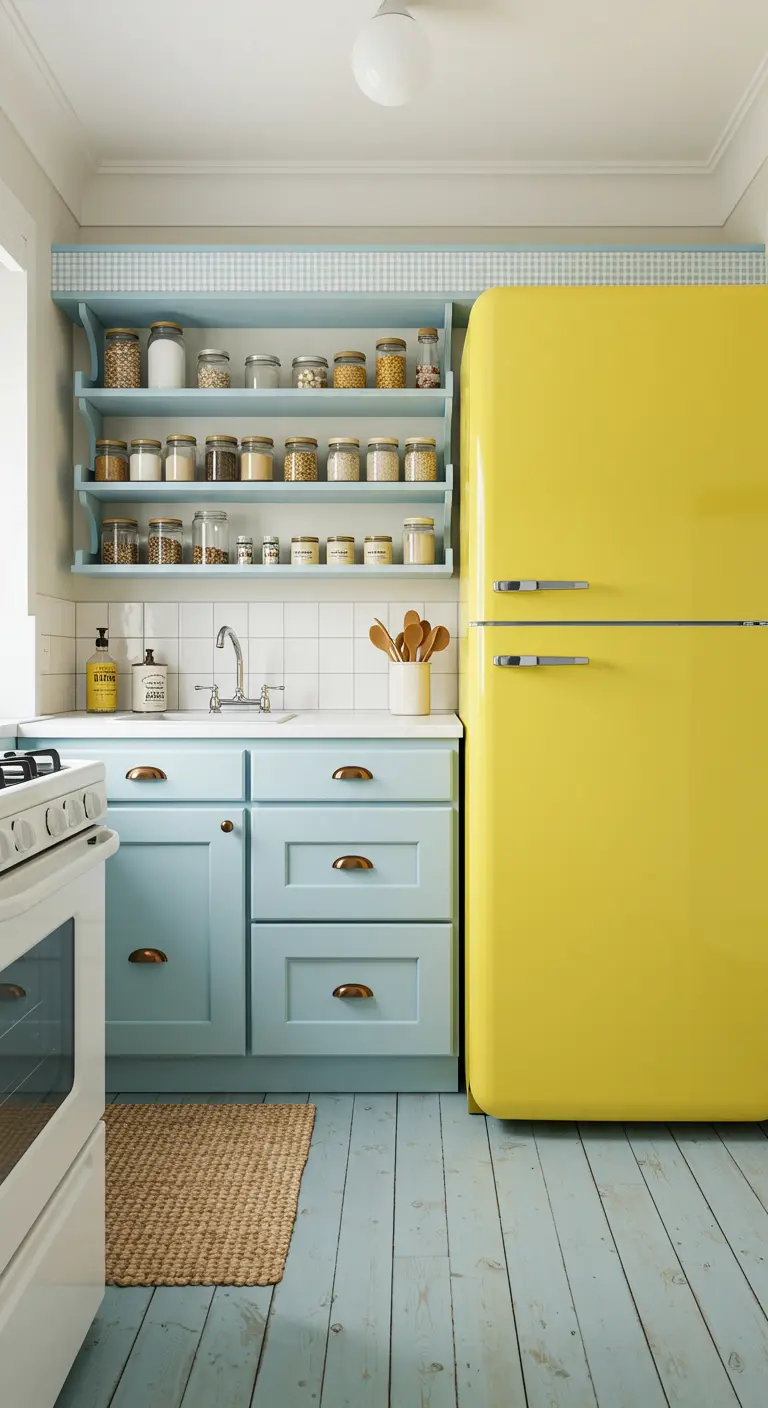 Cocina de campo con frigorífico retro amarillo y armarios y suelo de color azul claro.