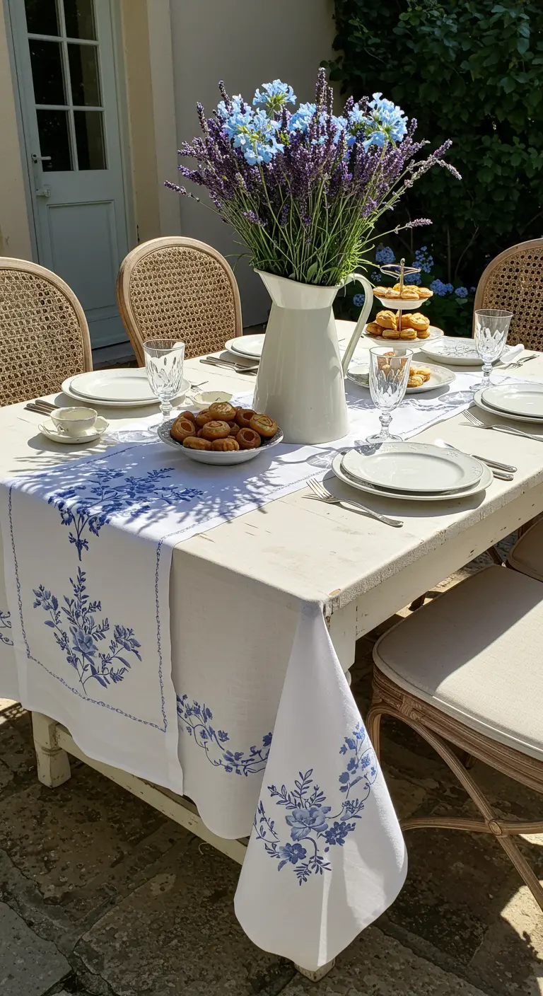 Mesa de bautizo estilo provenzal con lavanda y un camino de mesa bordado.