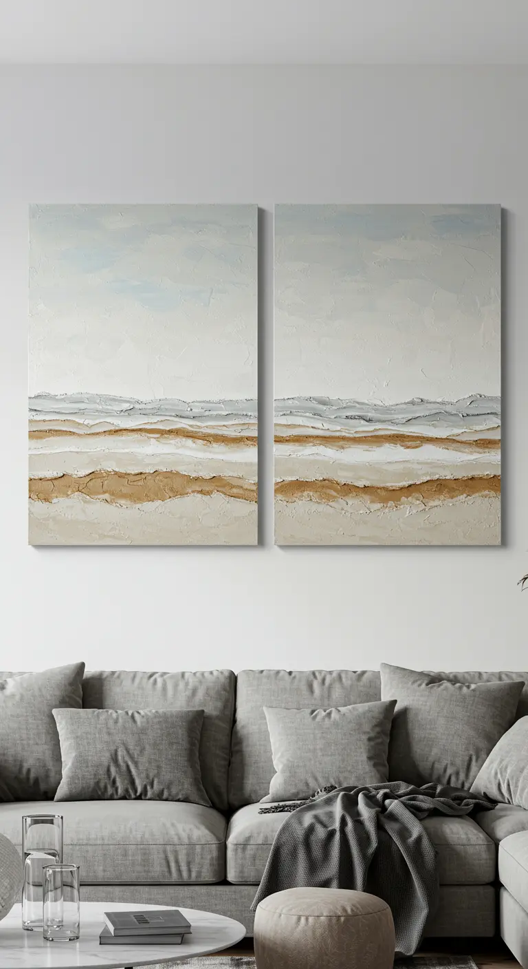 Dos cuadros colgados juntos que forman un paisaje de playa minimalista con texturas de arena