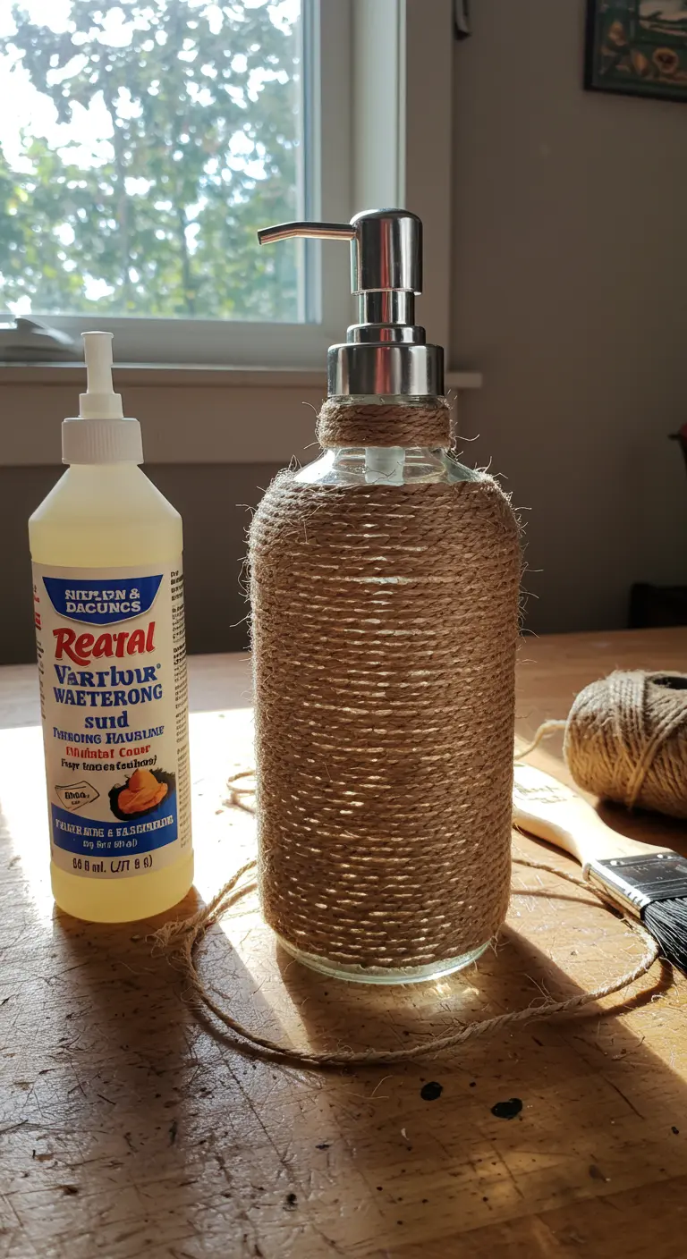 Dispensador de jabón hecho con un frasco de vidrio envuelto en cuerda de yute.